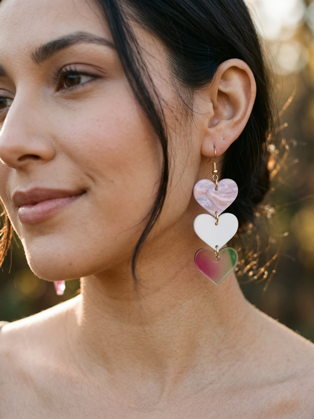 Triple Cascading pink Heart Dangle Earrings | Pearlescent & Multi-Texture