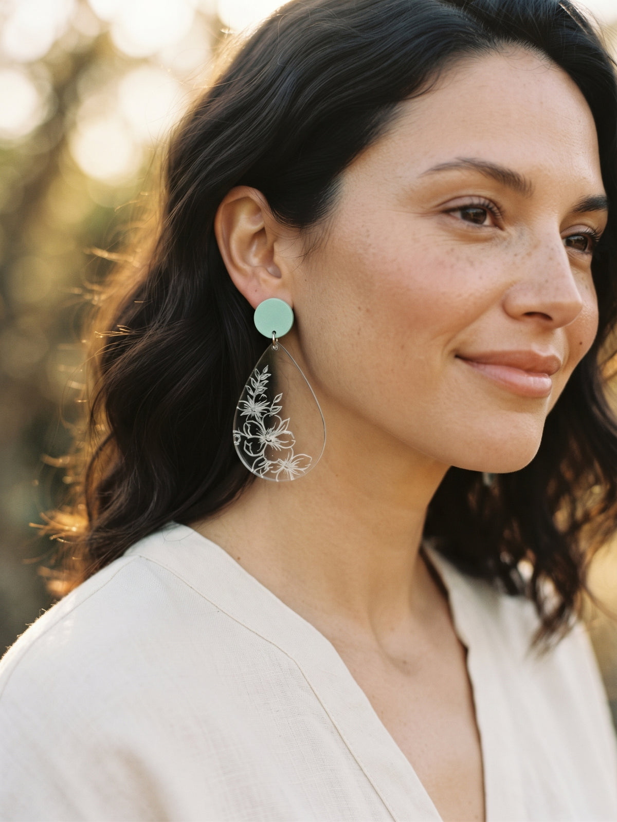 Enchanted Botanical Teardrop Dangle Earrings | Clear Engraved Floral & Mint Post