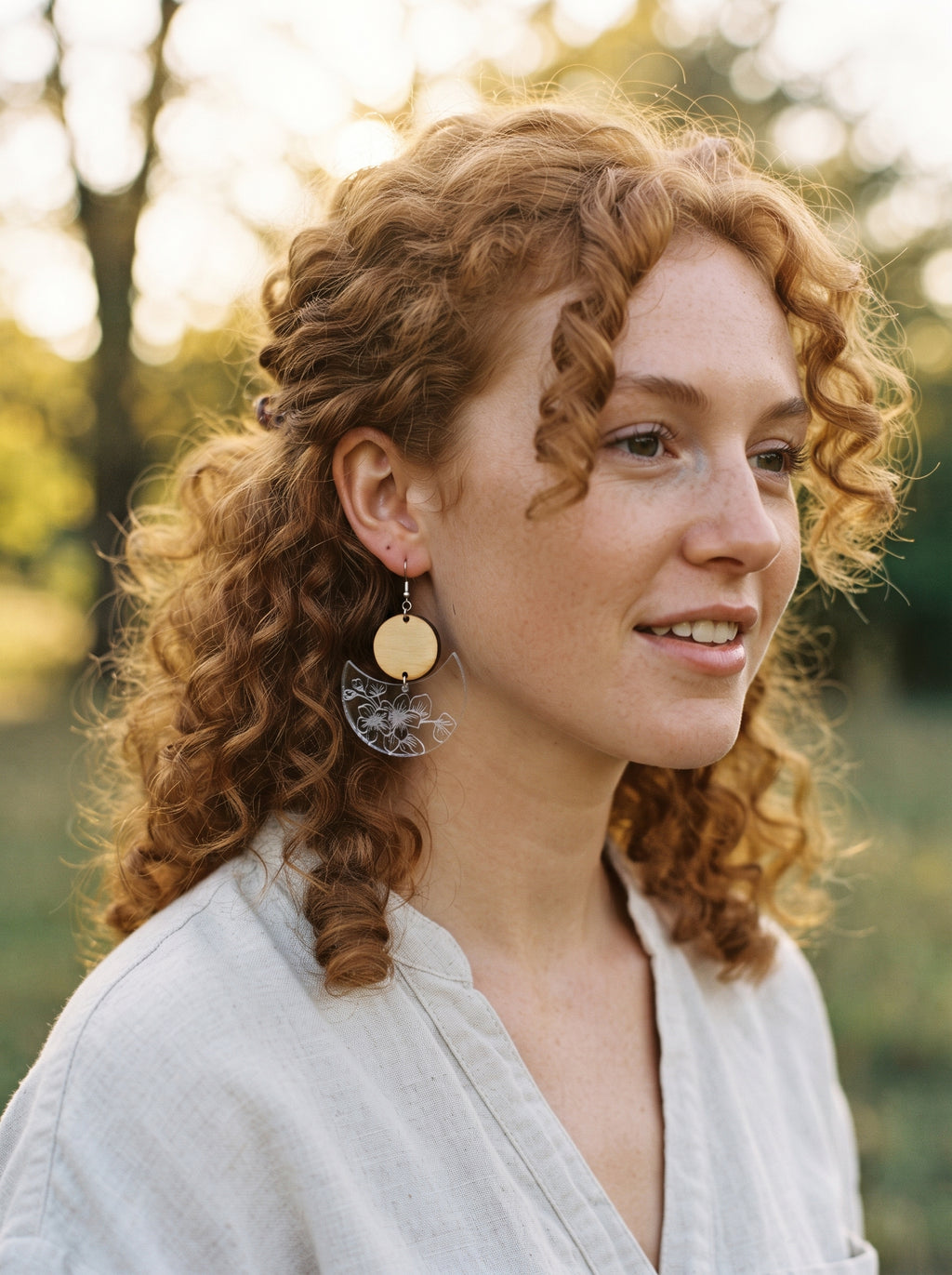 Celestial Crescent & Engraved Floral Dangle Earrings | Natural Wood & Clear Etched Acrylic