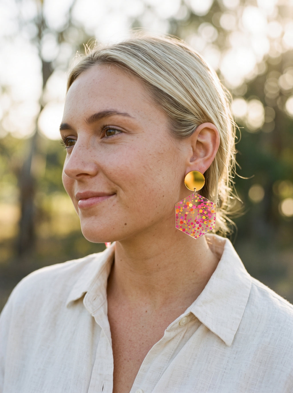 Vibrant Confetti Hexagon Dangle Earrings | Multi-Color Glitter Acrylic & Gold Mirror Post