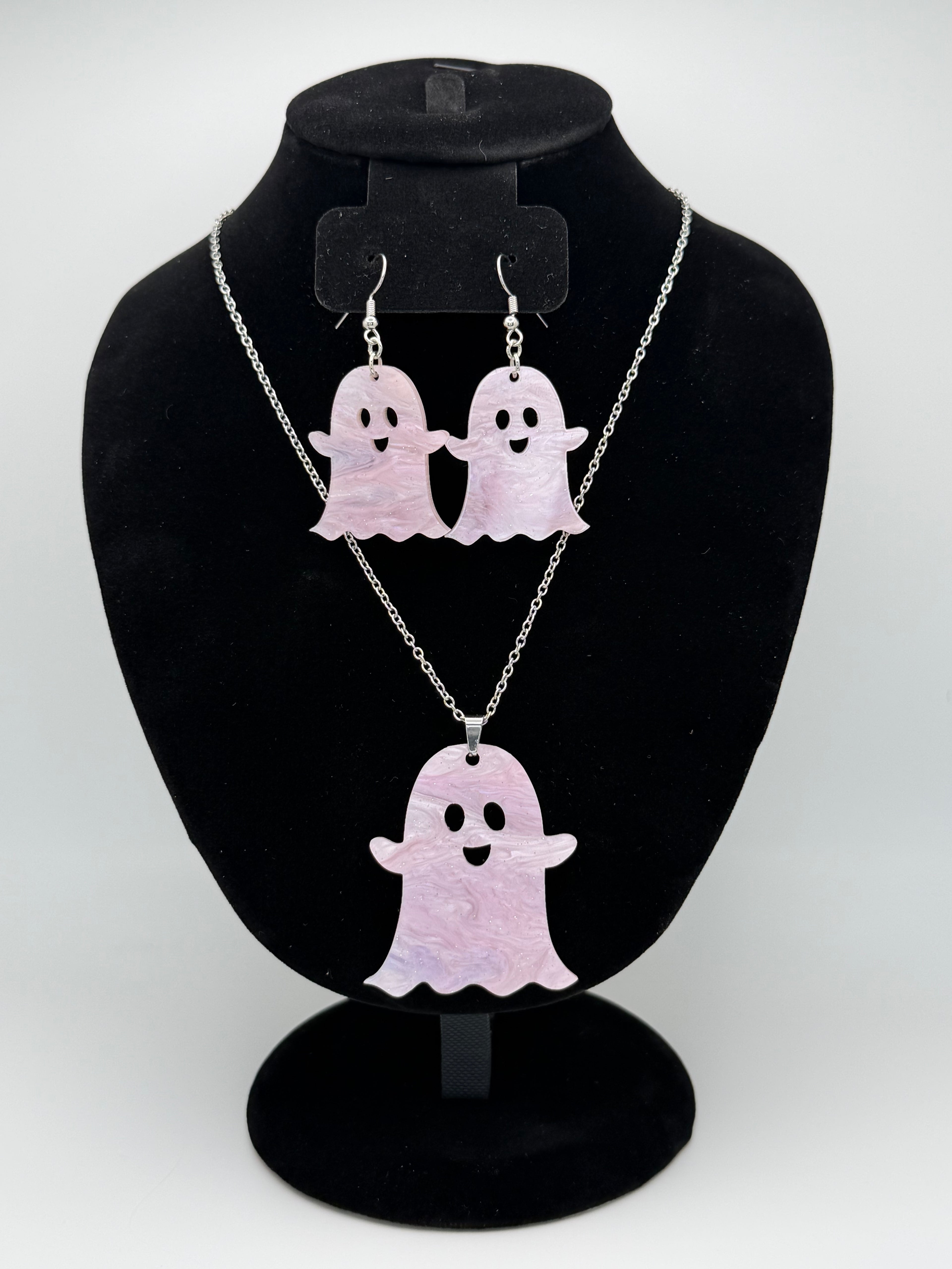Boo Ghost Necklace & Earrings Jewelry Set — Pink Pearl Halloween Edition