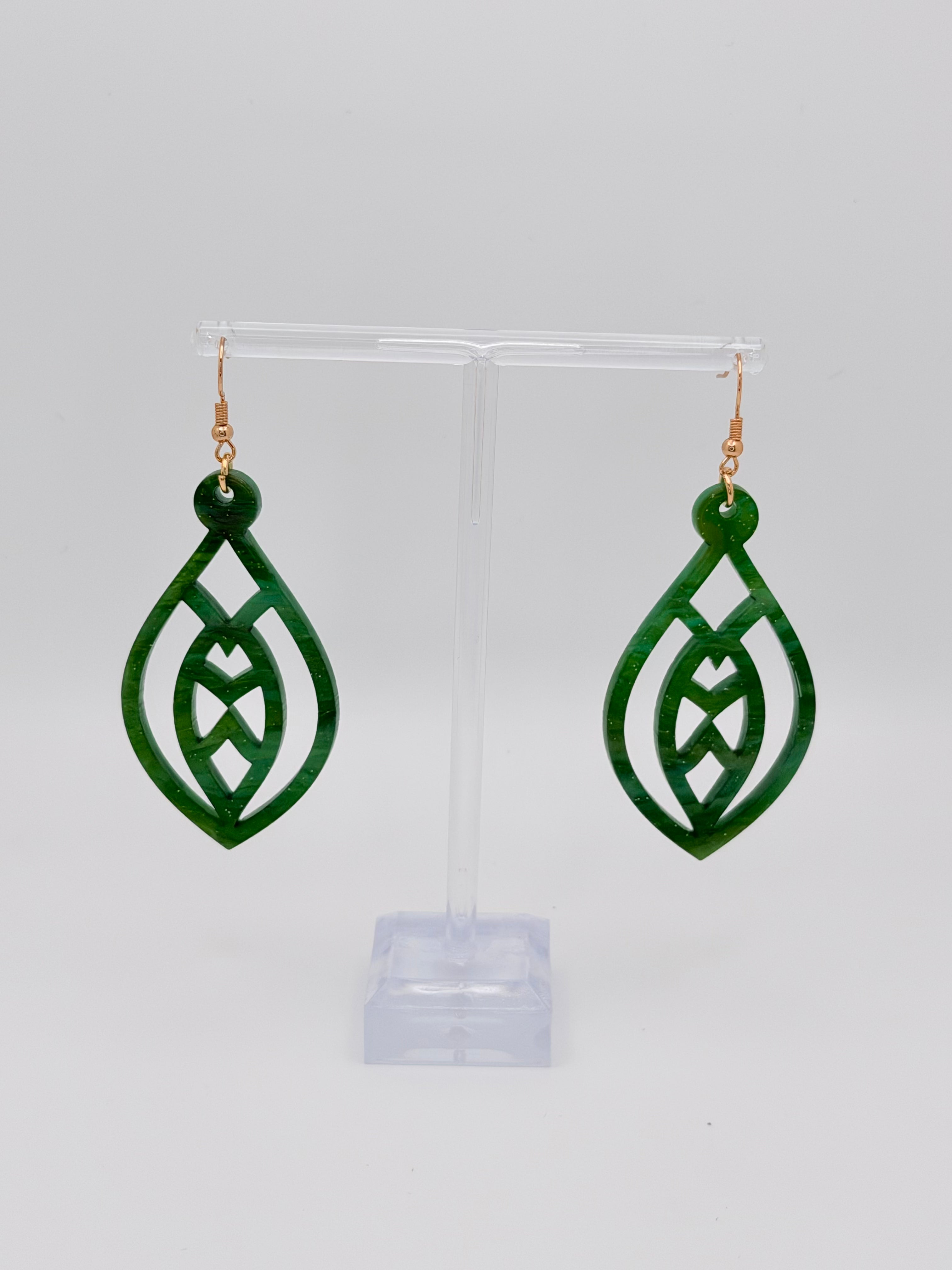Emerald Leaf Drop Earrings — Pearlescent Green Acrylic & Hypoallergenic Gold French Hooks