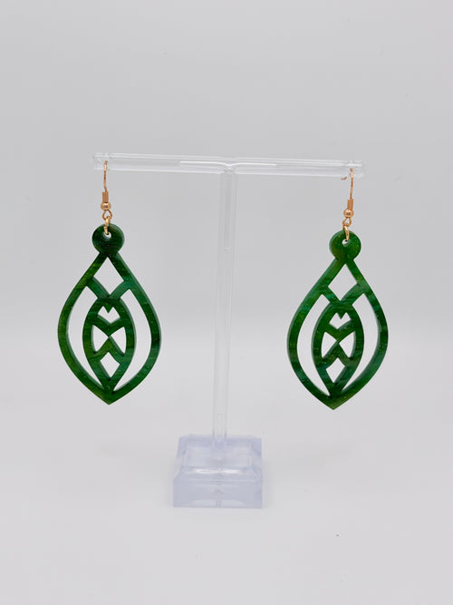 Emerald Leaf Drop Earrings — Pearlescent Green Acrylic & Hypoallergenic Gold French Hooks