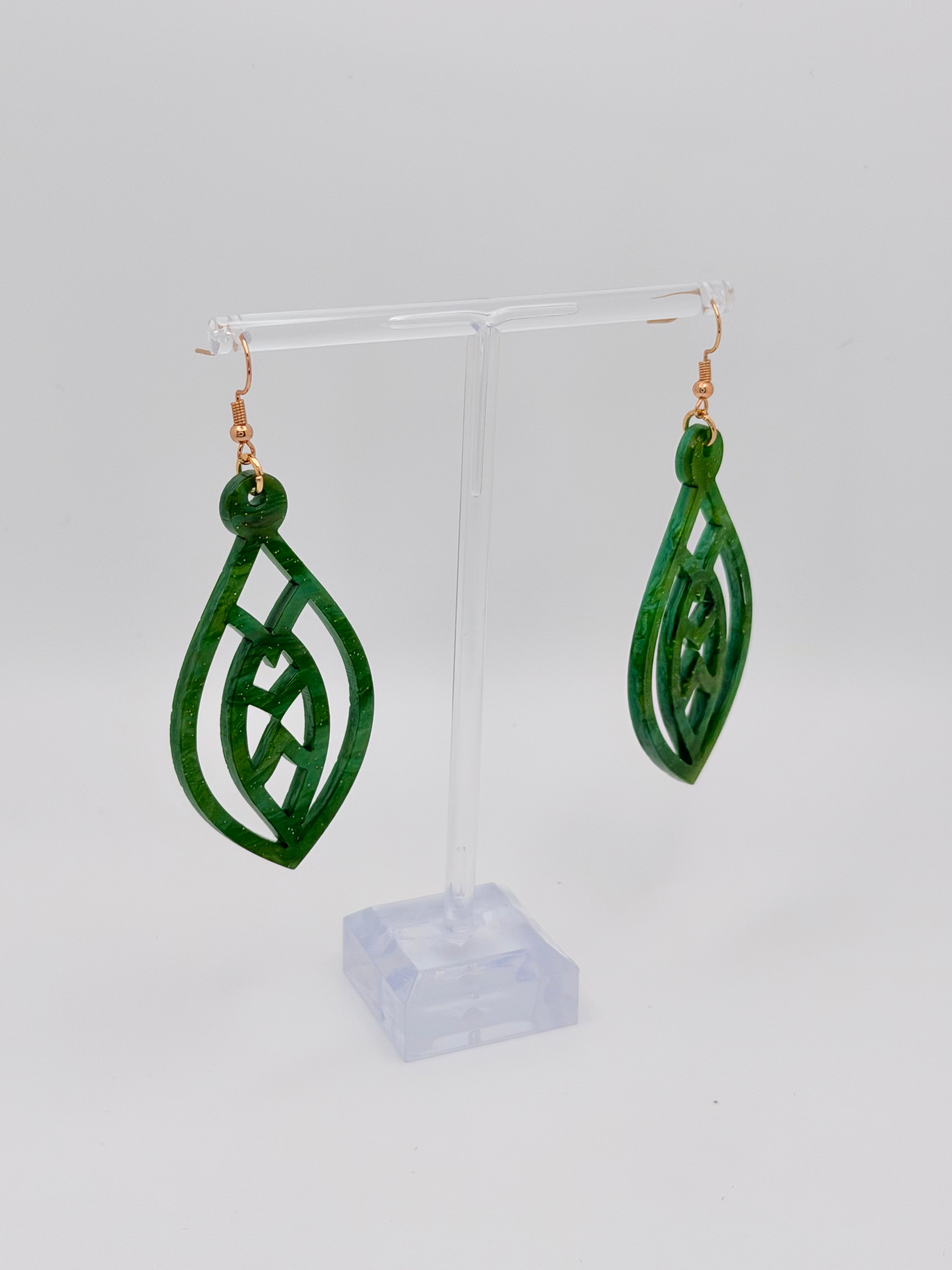 Emerald Leaf Drop Earrings — Pearlescent Green Acrylic & Hypoallergenic Gold French Hooks