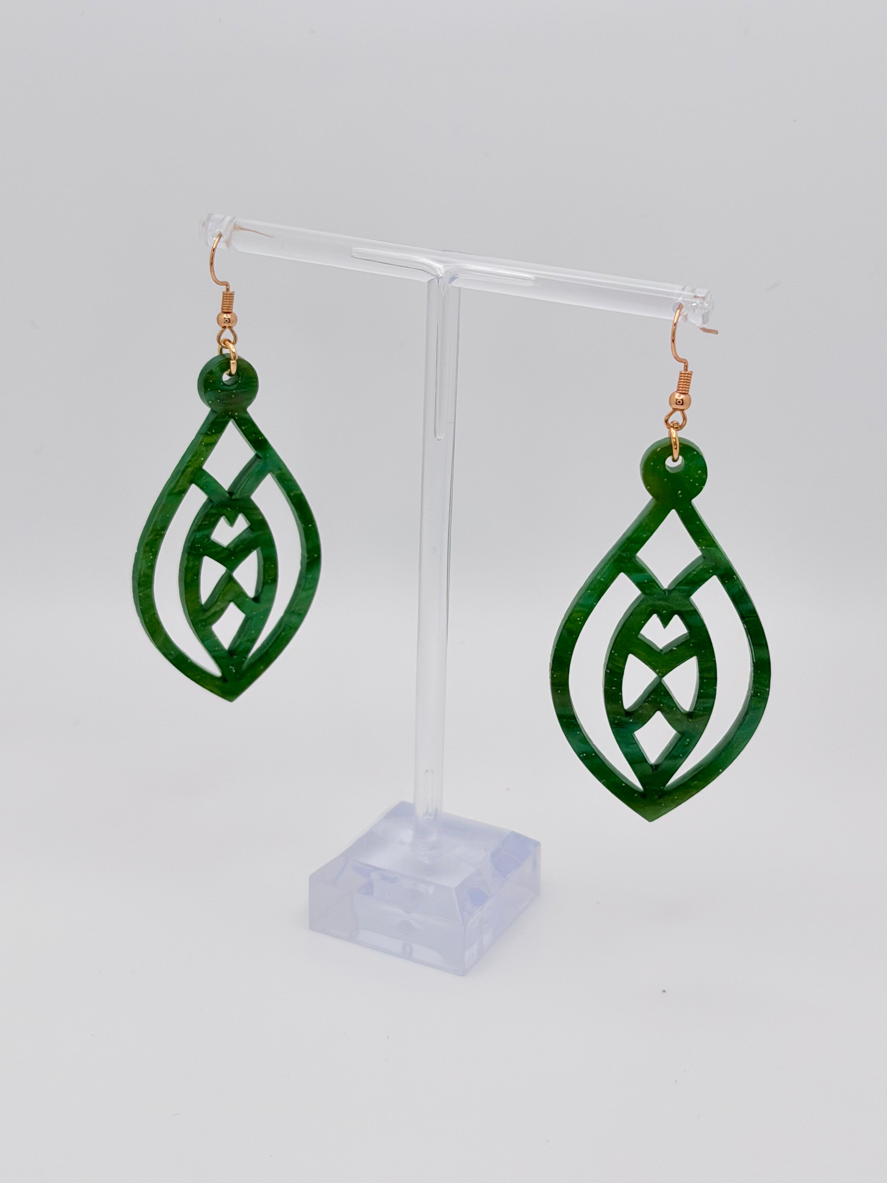 Emerald Leaf Drop Earrings — Pearlescent Green Acrylic & Hypoallergenic Gold French Hooks