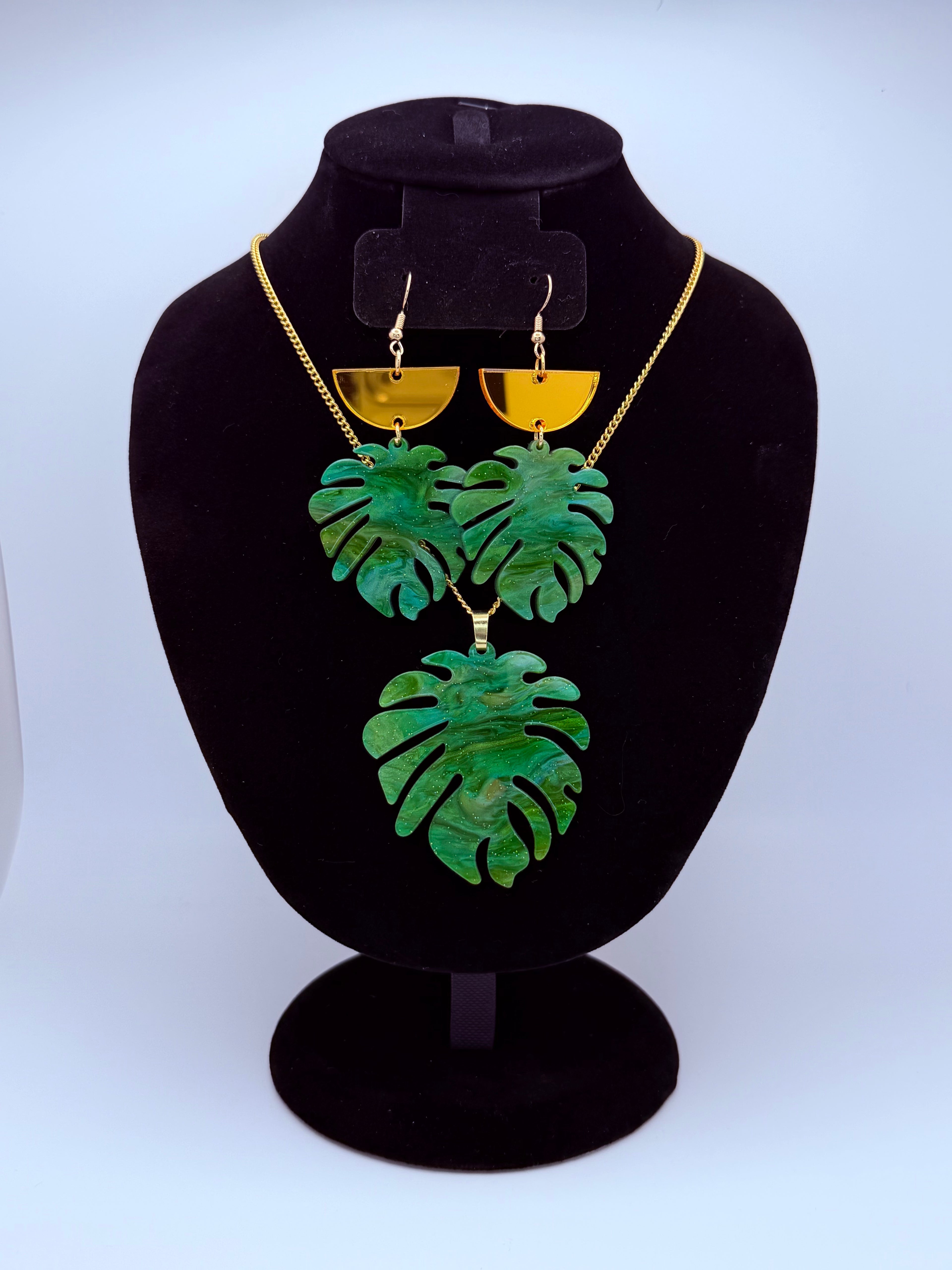 Emerald Leaf Necklace & Articulated Dangle Earrings Jewelry Set