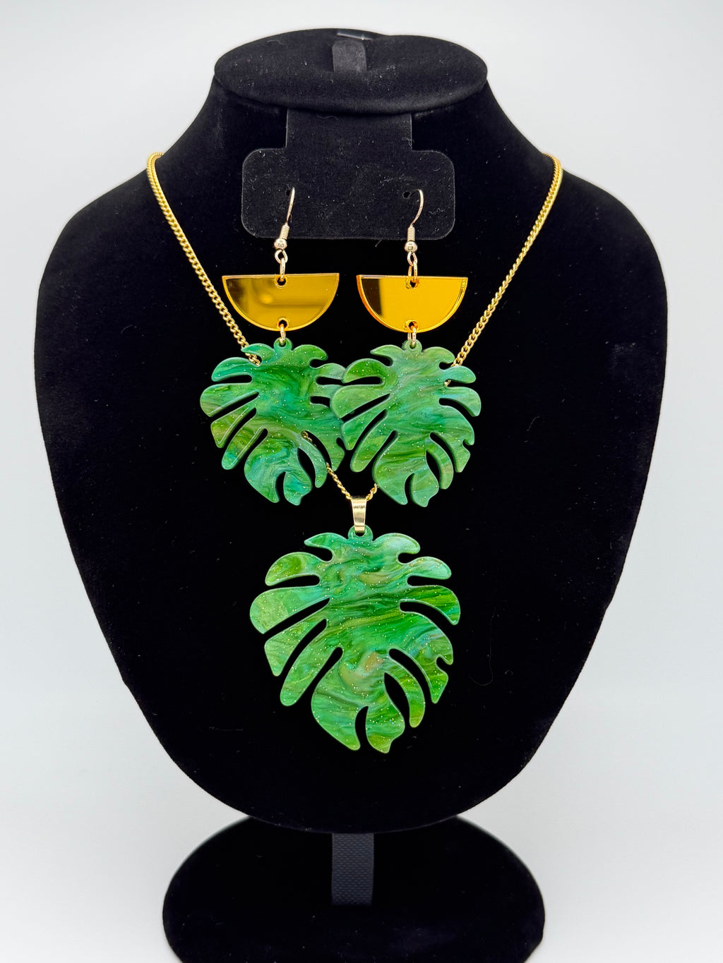 Emerald Leaf Necklace & Articulated Dangle Earrings Jewelry Set