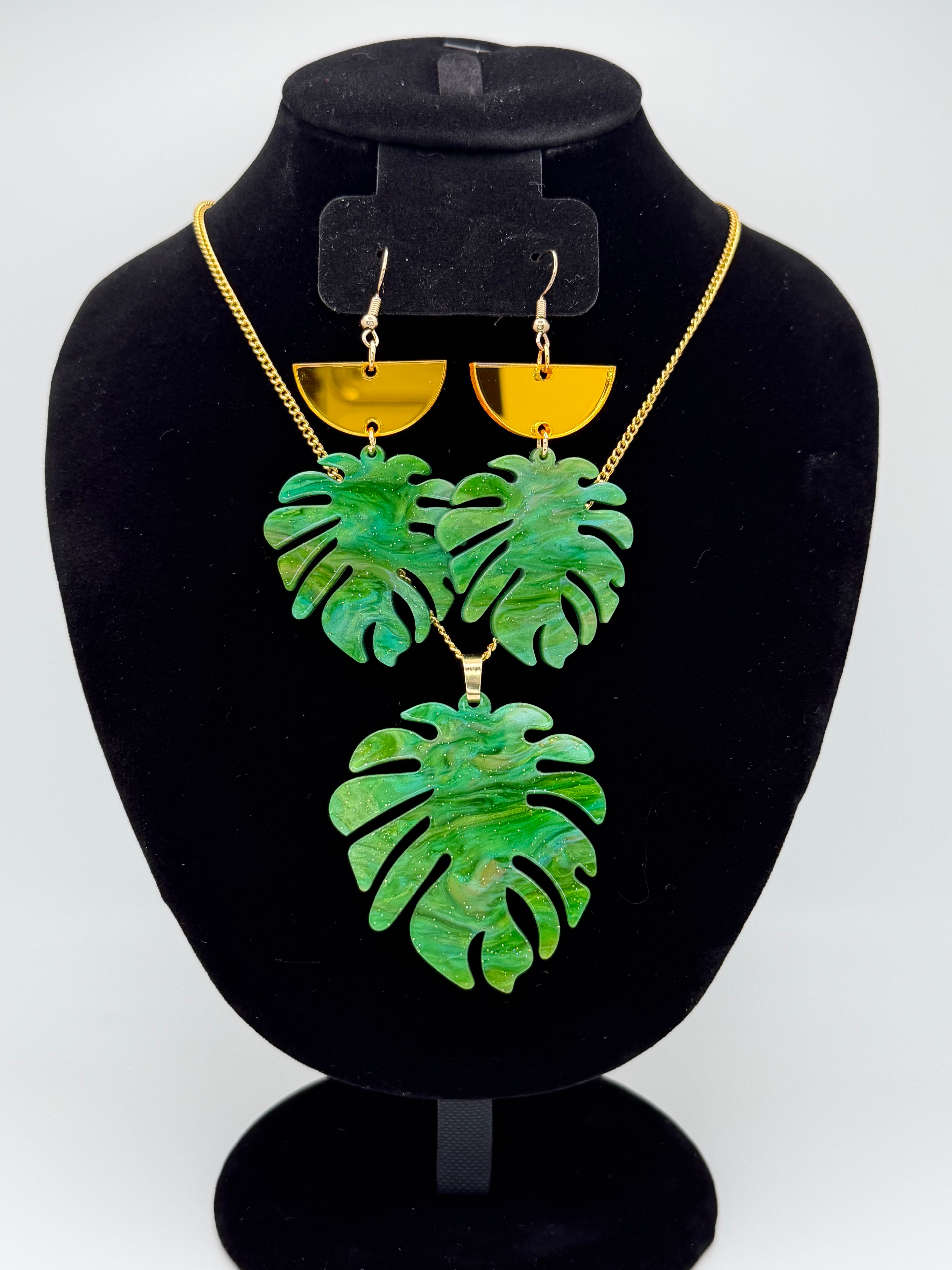 Emerald Leaf Necklace & Articulated Dangle Earrings Jewelry Set
