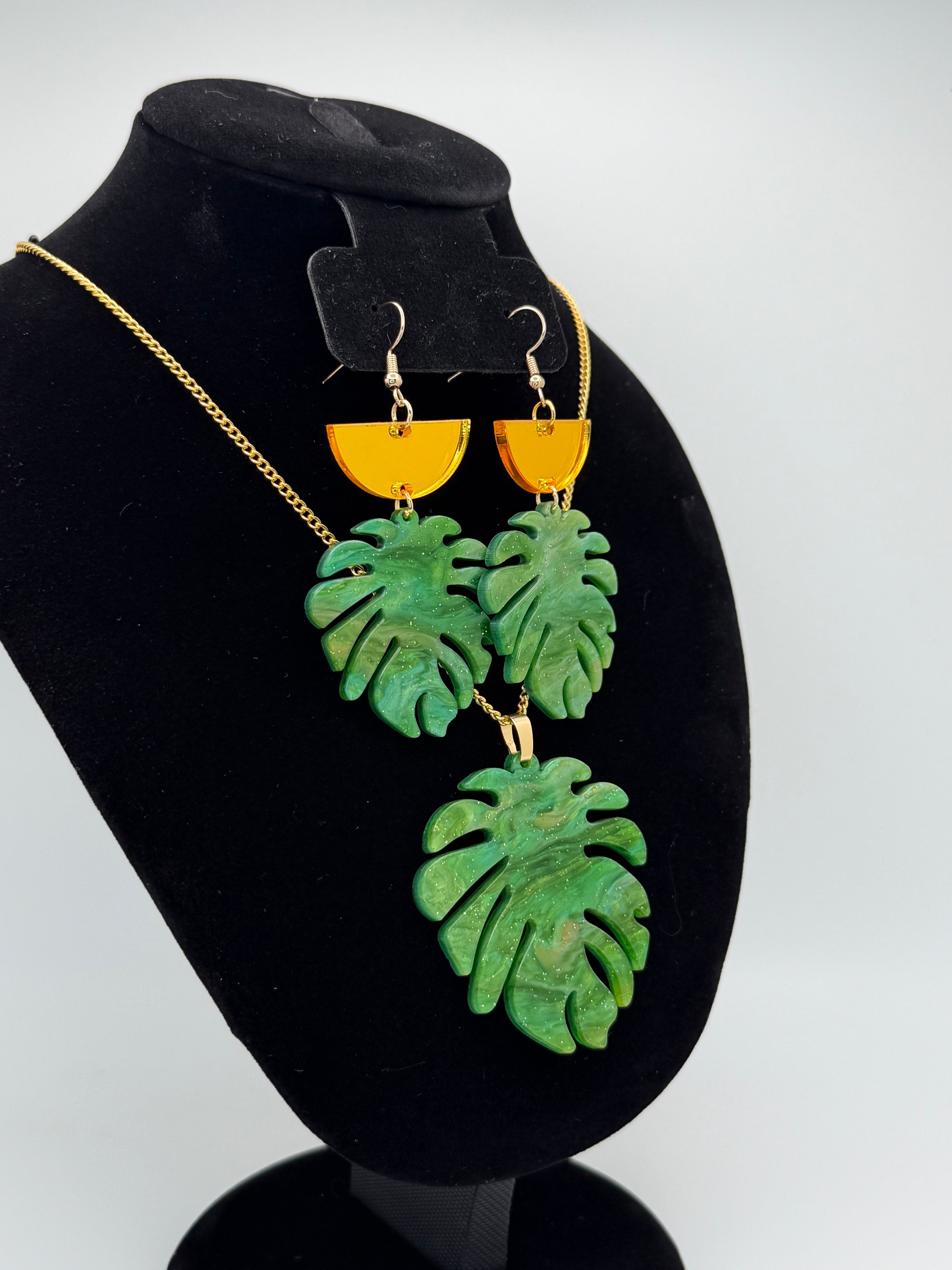 Emerald Leaf Necklace & Articulated Dangle Earrings Jewelry Set