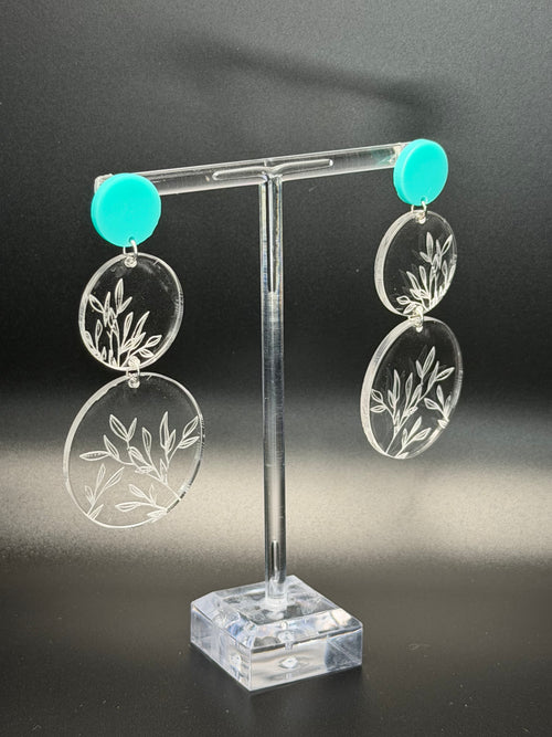 Botanical Dangle Drop Earrings in Frosted Mint & Engraved Clear Acrylic