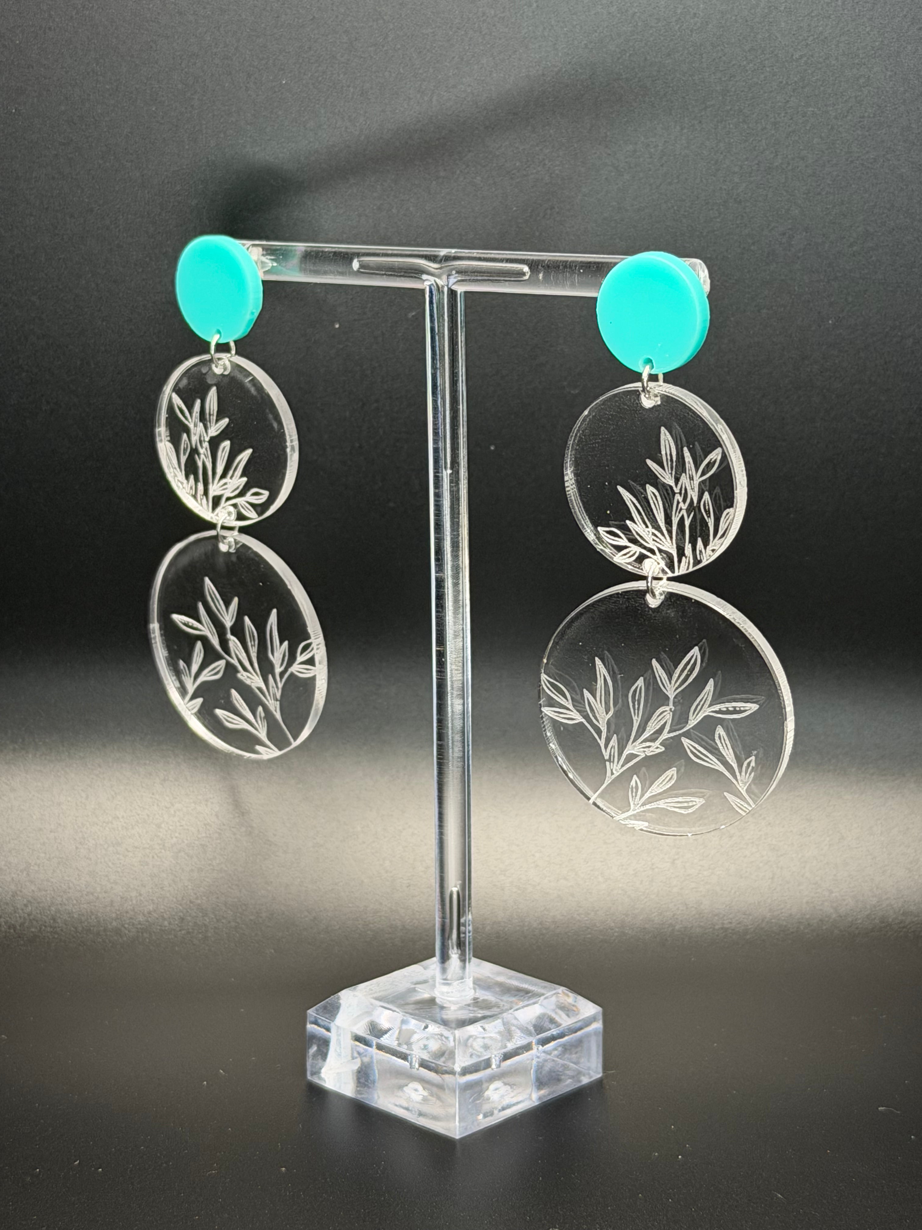 Botanical Dangle Drop Earrings in Frosted Mint & Engraved Clear Acrylic