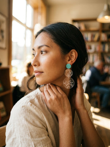 Botanical Dangle Drop Earrings in Frosted Mint & Engraved Clear Acrylic