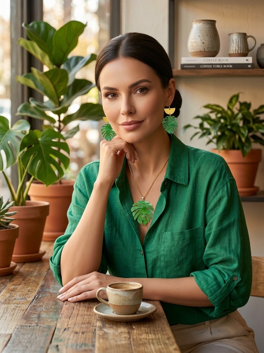 Emerald Leaf Necklace & Articulated Dangle Earrings Jewelry Set