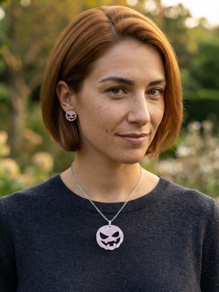 Wicked Head Necklace & Earrings Jewelry Set, Pink Pearl — Halloween Edition