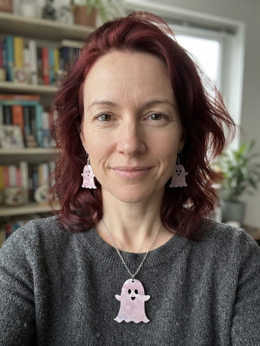 Boo Ghost Necklace & Earrings Jewelry Set — Pink Pearl Halloween Edition