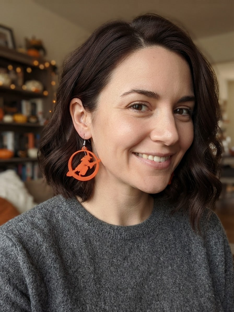 Flying Witch on Broomstick Silhouette Stud Earrings — Halloween Edition