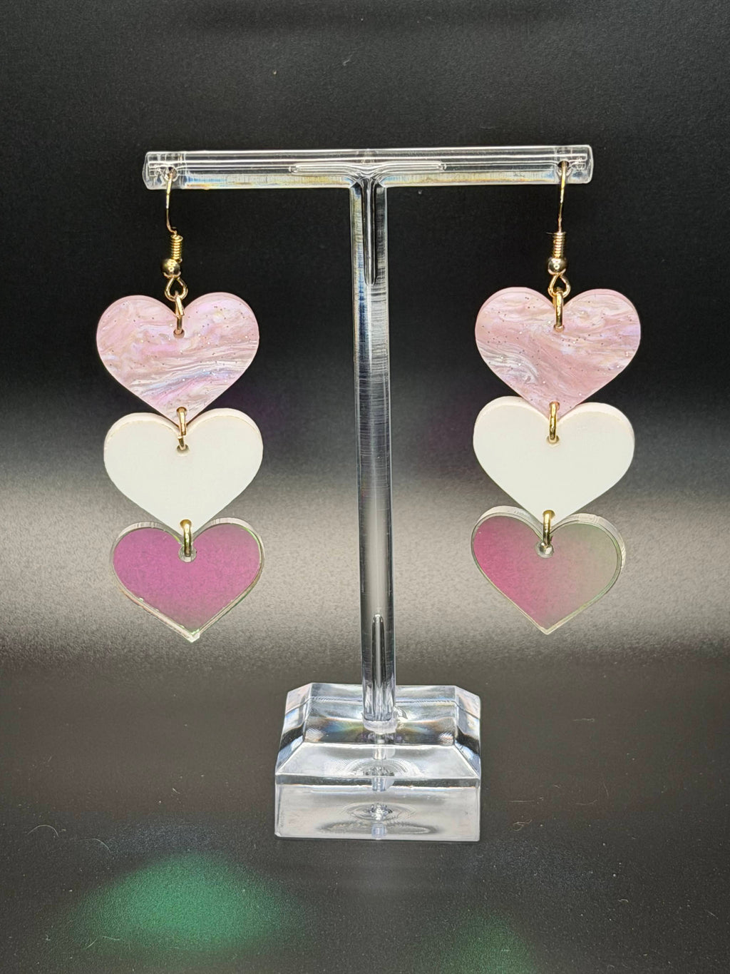 Triple Cascading pink Heart Dangle Earrings | Pearlescent & Multi-Texture