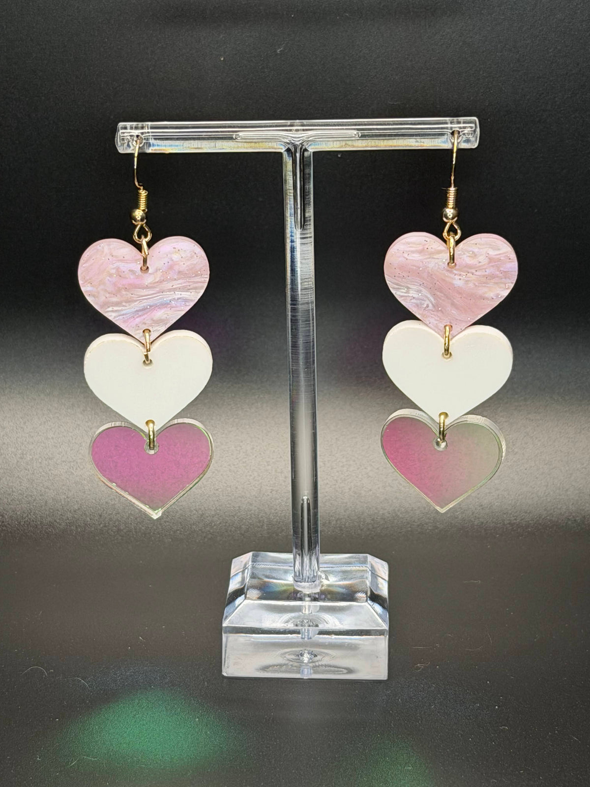 Triple Cascading pink Heart Dangle Earrings | Pearlescent & Multi-Texture