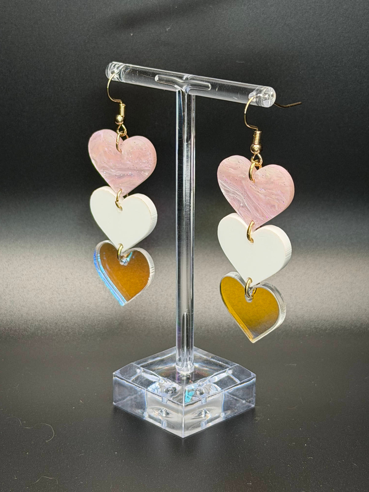 Triple Cascading pink Heart Dangle Earrings | Pearlescent & Multi-Texture