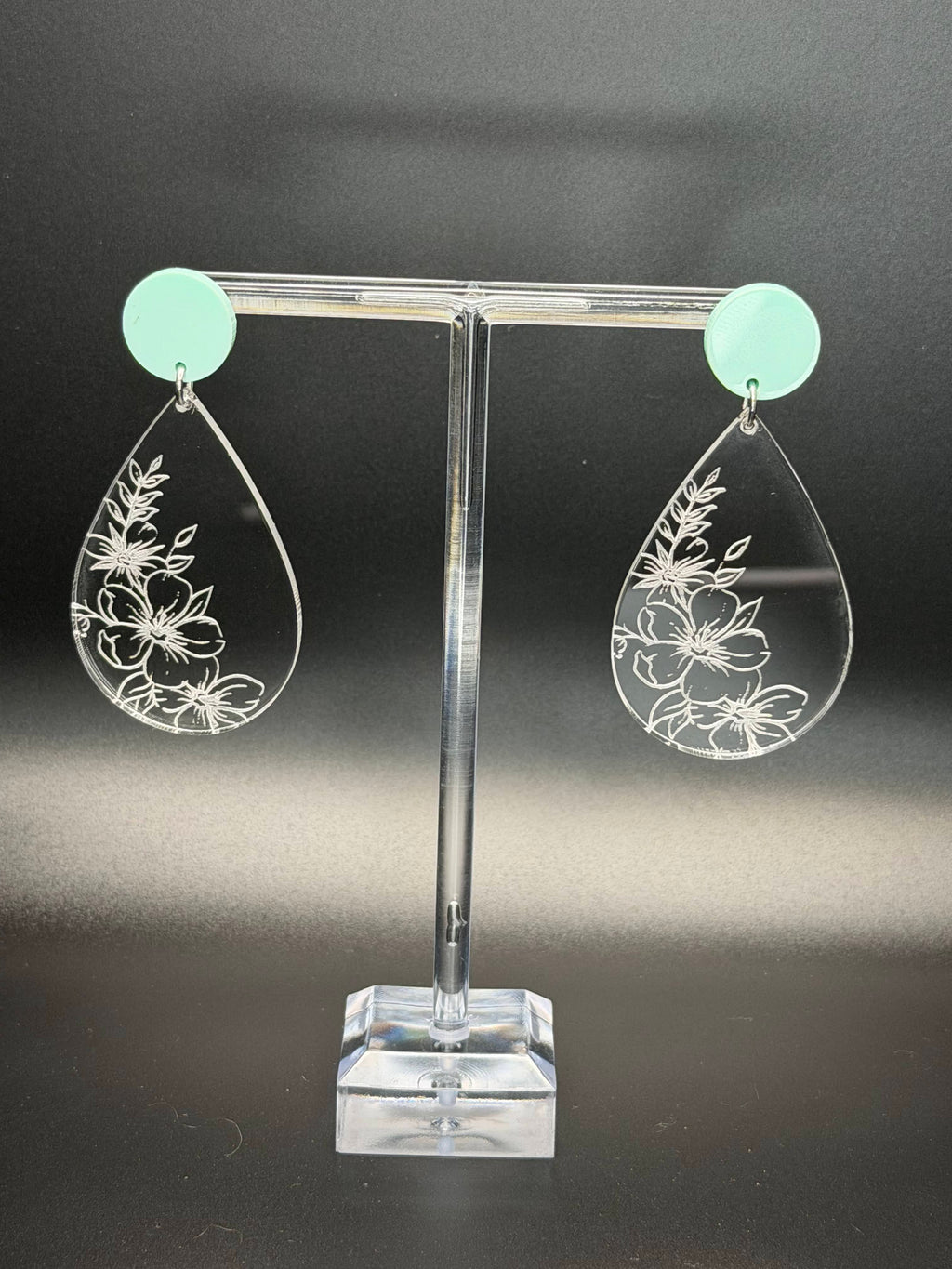 Enchanted Botanical Teardrop Dangle Earrings | Clear Engraved Floral & Mint Post
