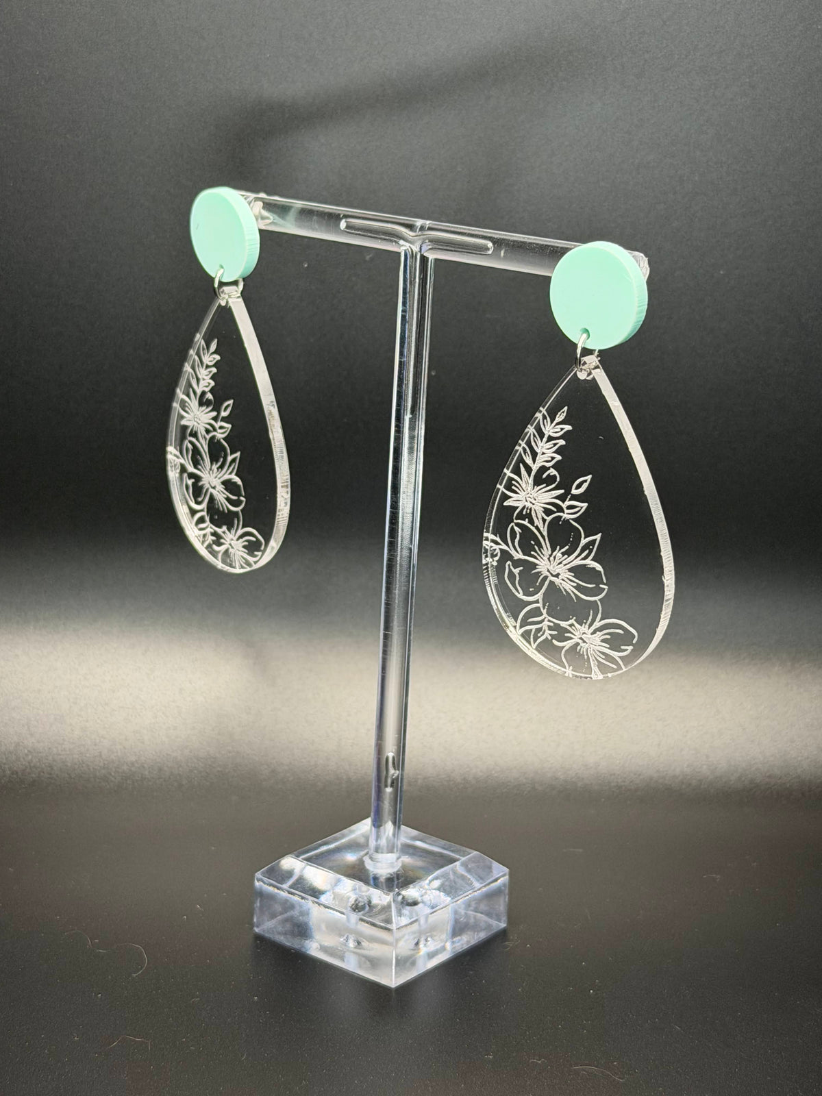 Enchanted Botanical Teardrop Dangle Earrings | Clear Engraved Floral & Mint Post