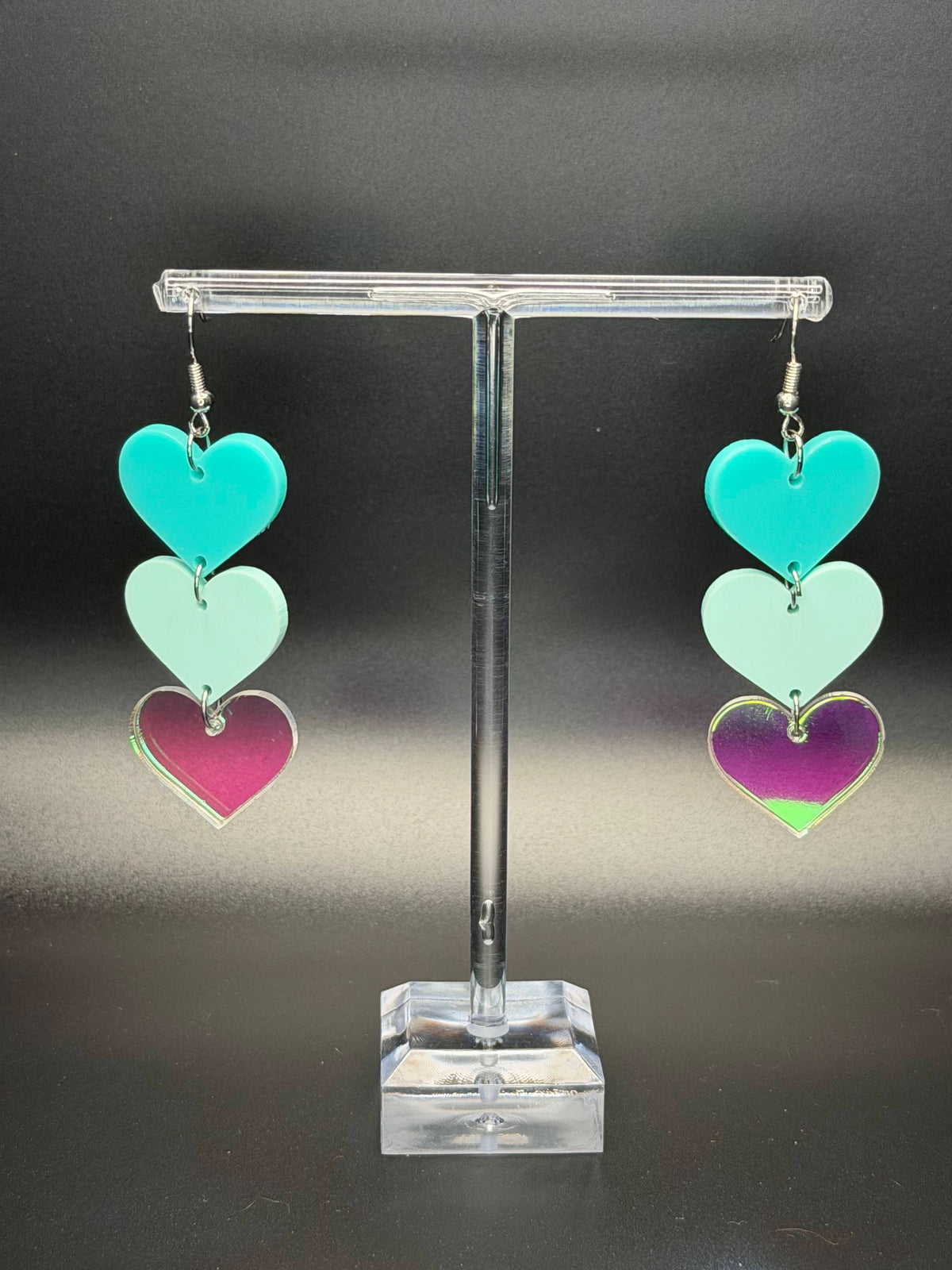 Mint Triple Heart Cascade Dangle Earrings | Gradient Mint
