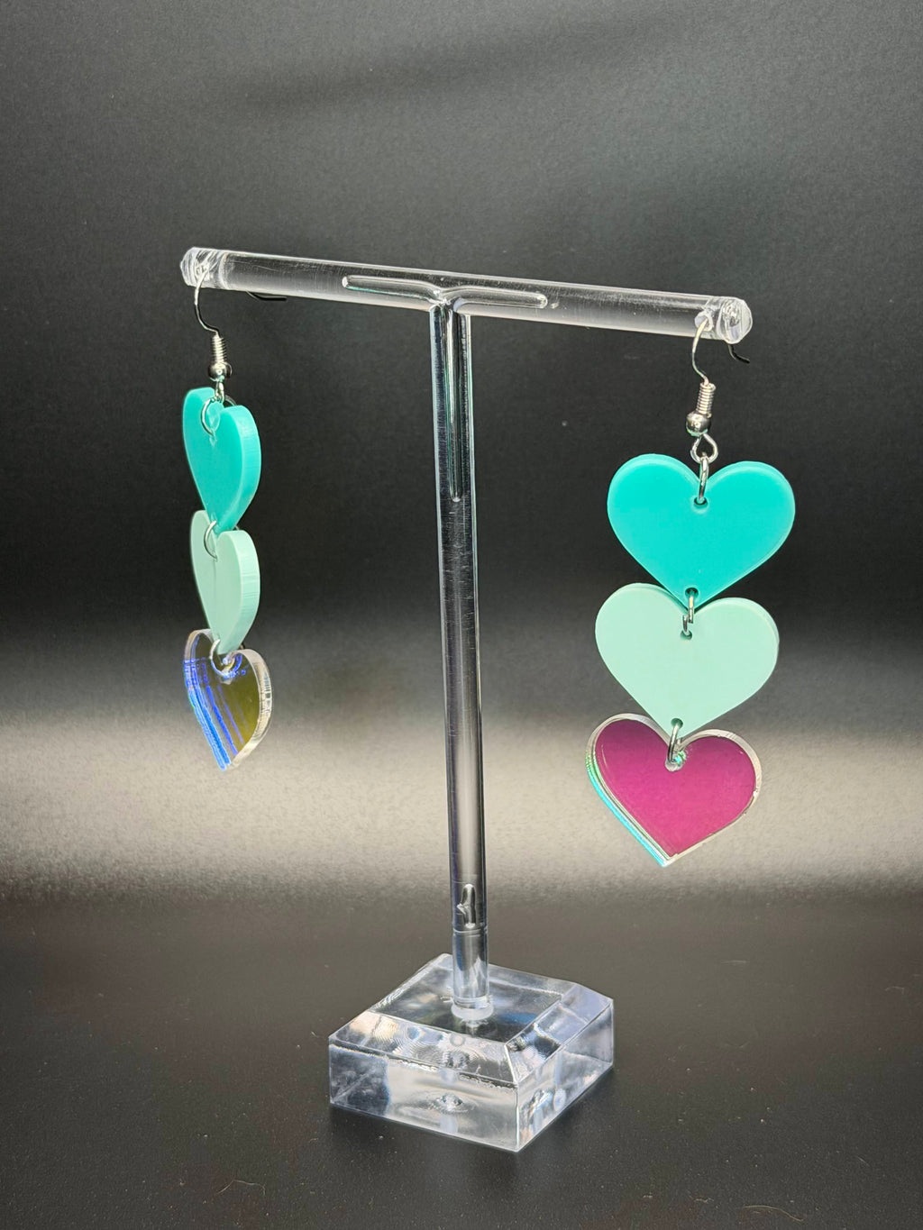 Mint Triple Heart Cascade Dangle Earrings | Gradient Mint