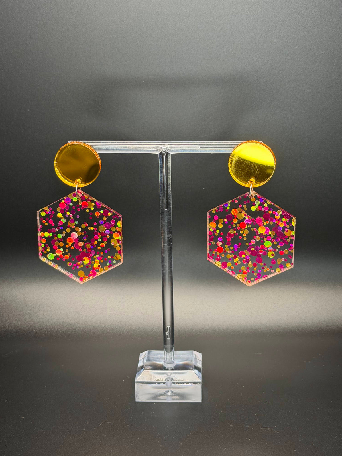 Vibrant Confetti Hexagon Dangle Earrings | Multi-Color Glitter Acrylic & Gold Mirror Post