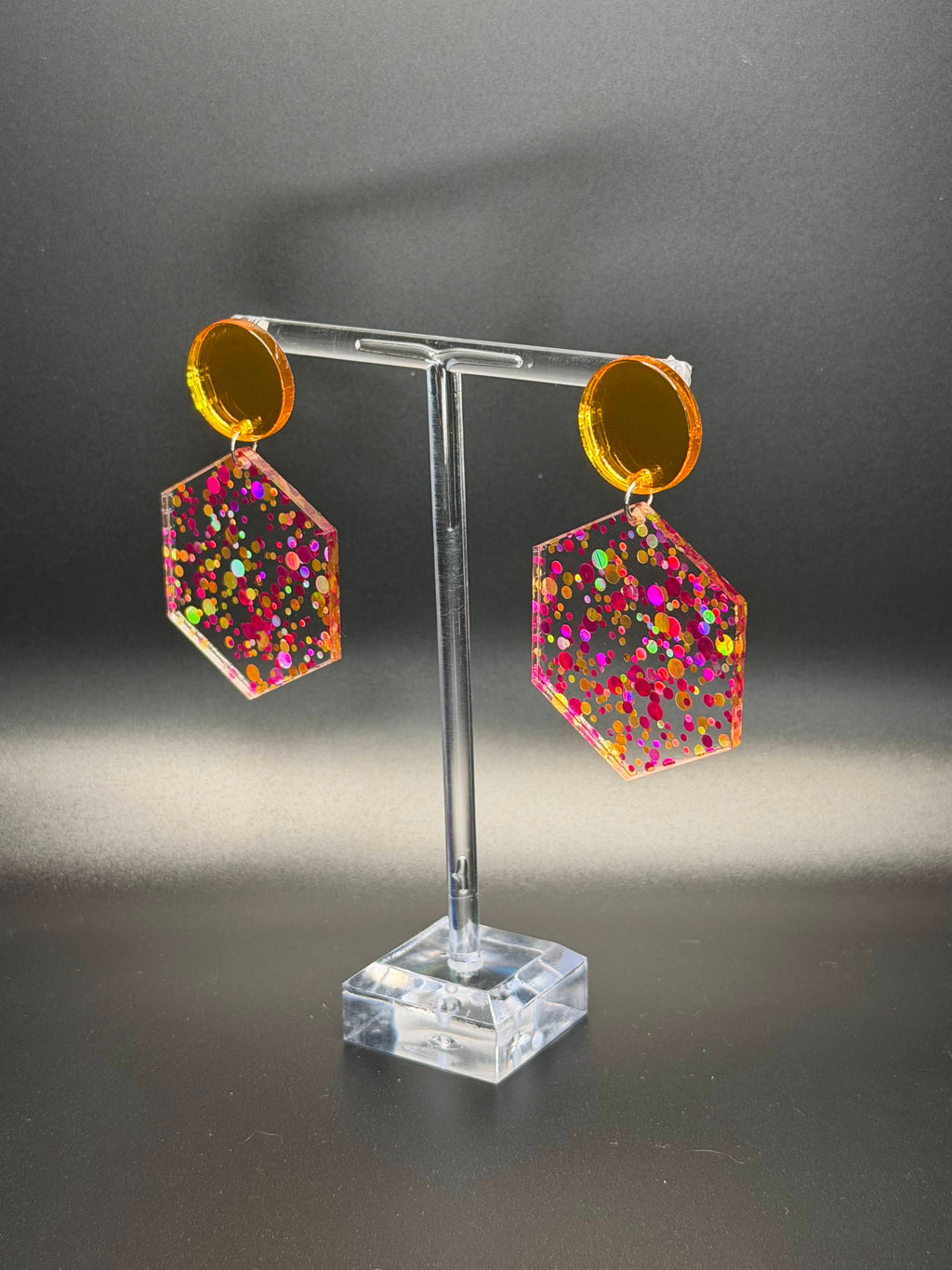 Vibrant Confetti Hexagon Dangle Earrings | Multi-Color Glitter Acrylic & Gold Mirror Post