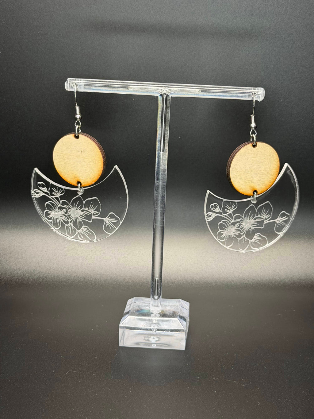 Celestial Crescent & Engraved Floral Dangle Earrings | Natural Wood & Clear Etched Acrylic