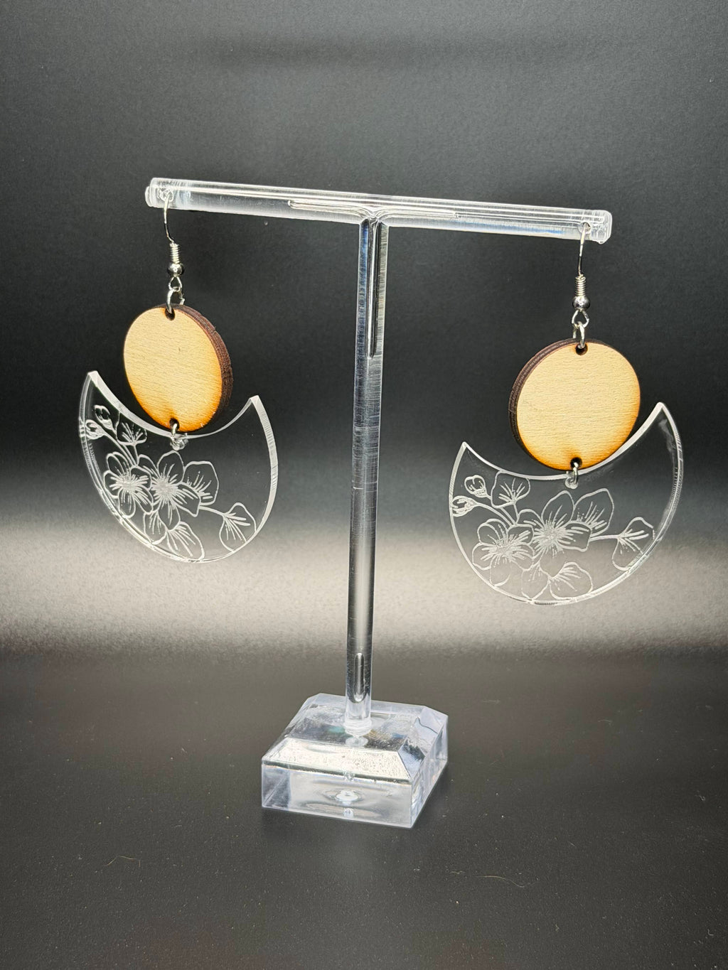 Celestial Crescent & Engraved Floral Dangle Earrings | Natural Wood & Clear Etched Acrylic