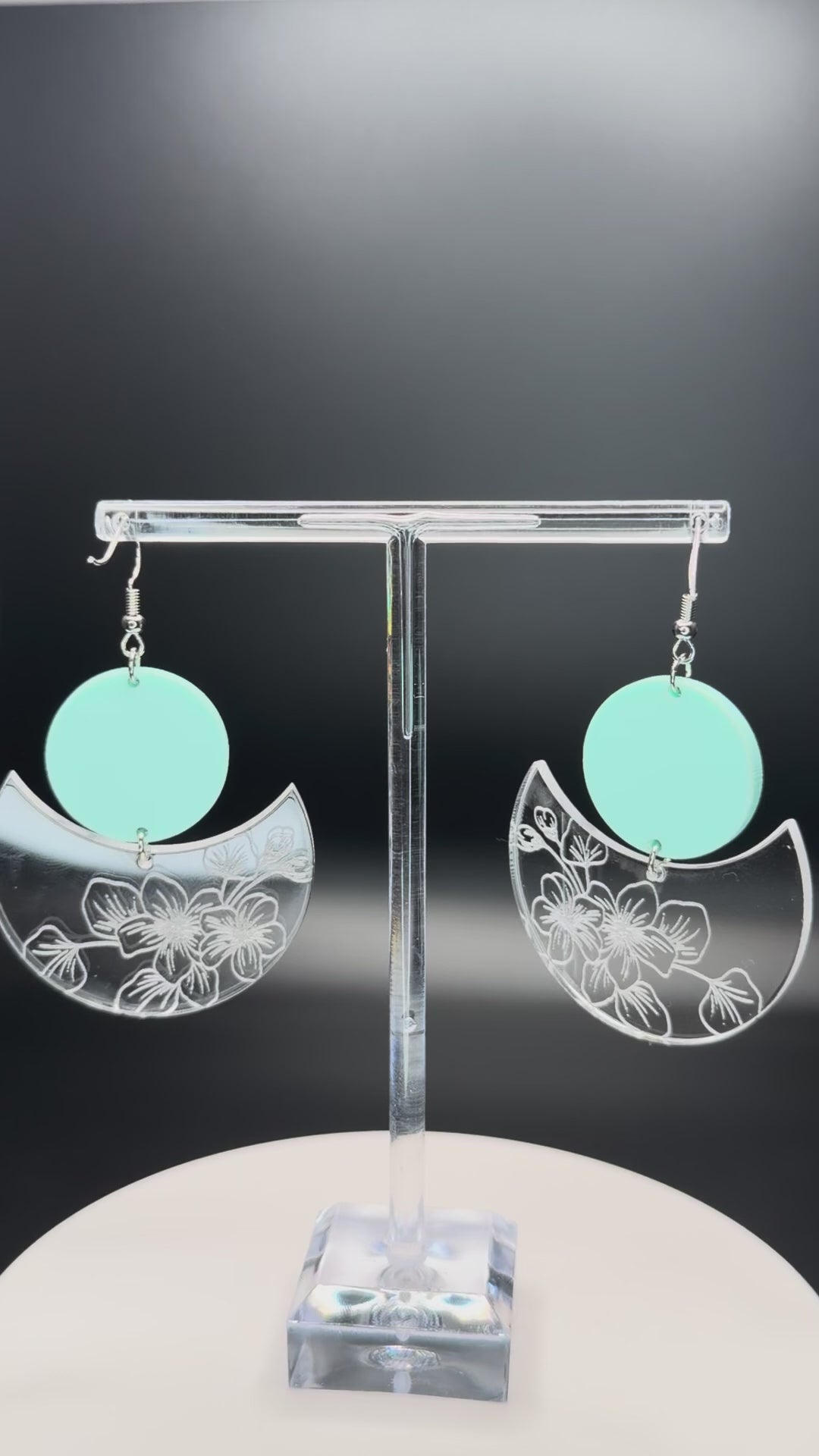 Celestial Crescent & Engraved Floral Dangle Earrings | Natural Wood & Clear Etched Acrylic