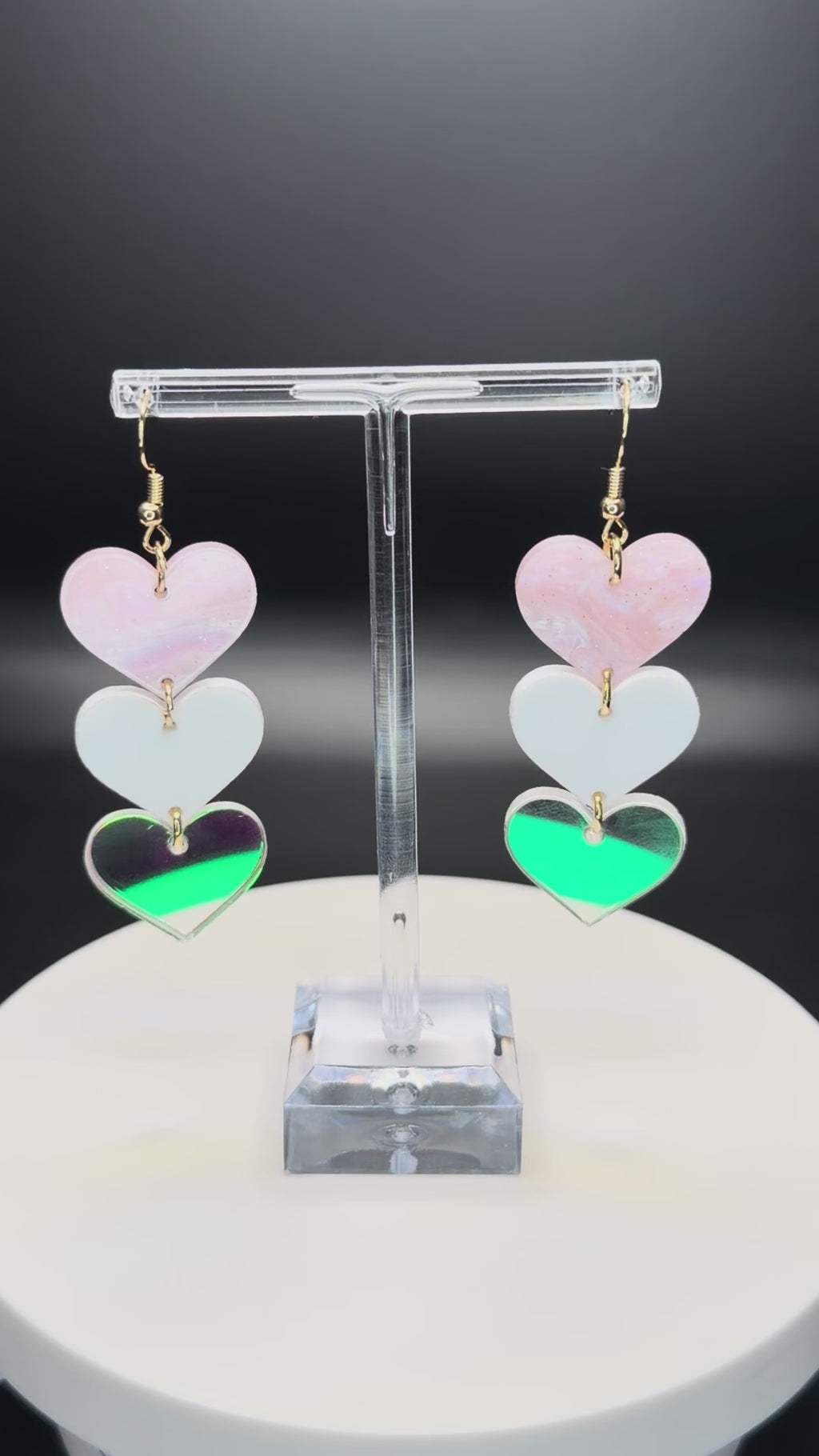 Triple Cascading pink Heart Dangle Earrings | Pearlescent & Multi-Texture