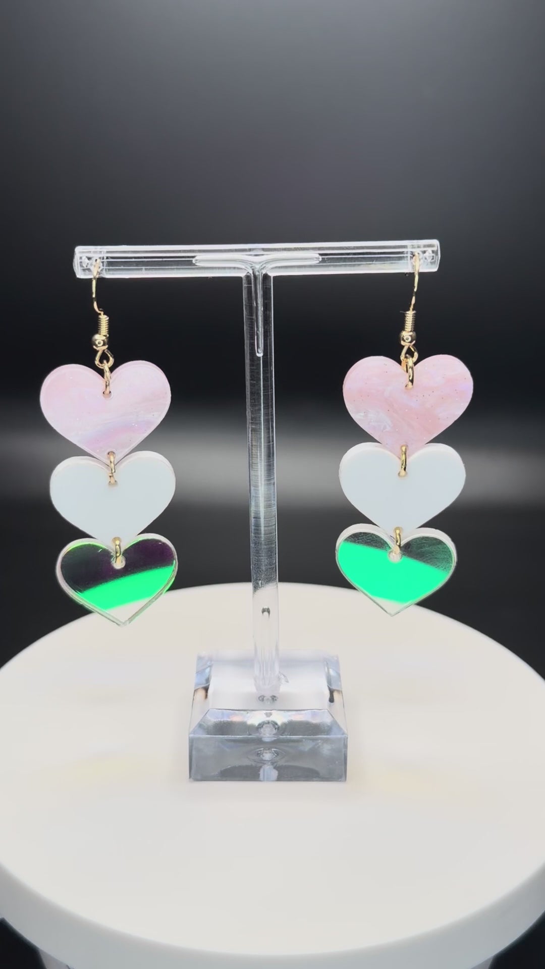 Triple Cascading pink Heart Dangle Earrings | Pearlescent & Multi-Texture